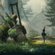 The character of 2B from Nier: Automata stands regarding an old machine now covered in greenery.